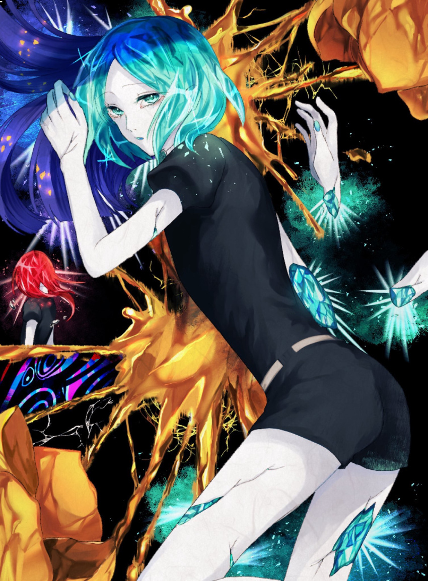 2others amputee androgynous bangs black_background black_neckwear blue_hair cracked disembodied_limb facing_away gem_uniform_(houseki_no_kuni) green_eyes green_hair highres houseki_no_kuni looking_at_viewer mm0905 multicolored_hair necktie open_mouth phosphophyllite redhead shinsha_(houseki_no_kuni) short_hair short_sleeves shorts uniform