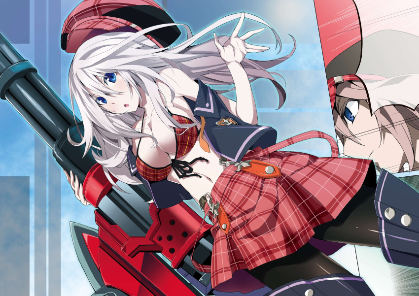 1girl alisa_ilinichina_amiella black_footwear black_legwear black_ribbon blue_eyes boots breasts cleavage collarbone dutch_angle floating_hair front-tie_bikini front-tie_top god_eater hair_between_eyes hat highres holding holding_weapon large_breasts long_hair midriff miniskirt navel okiura open_mouth pantyhose pleated_skirt red_bikini_top red_skirt ribbon shiny shiny_skin silver_hair skirt solo standing stomach thigh-highs thigh_boots very_long_hair weapon