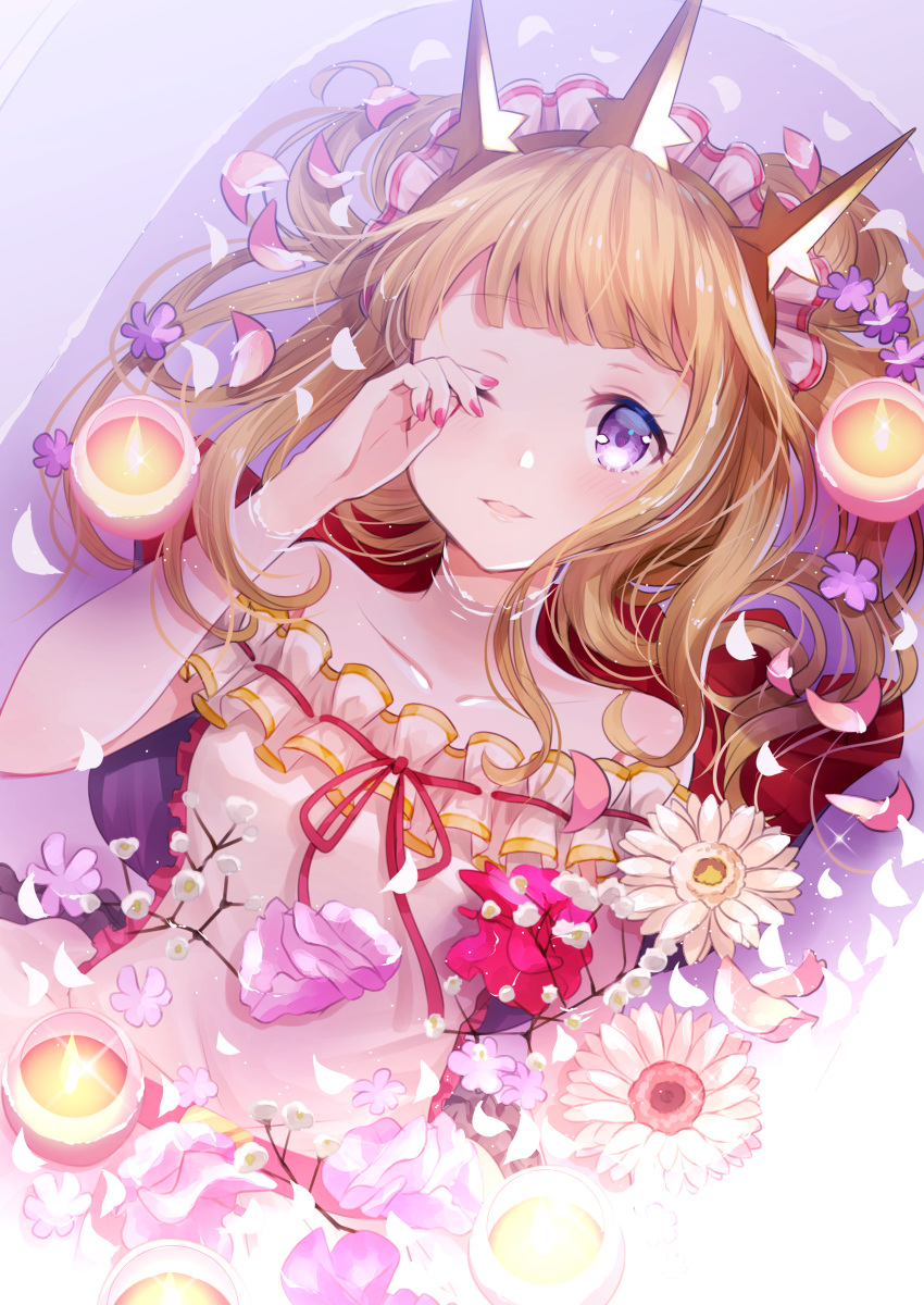 1girl absurdres bangs bare_shoulders bath bathing blonde_hair blush brown_hair cagliostro_(granblue_fantasy) collarbone crown dress eyebrows_visible_through_hair flower granblue_fantasy hand_up highres long_hair looking_at_viewer lying myusha on_back parted_lips petals smile solo violet_eyes white_dress