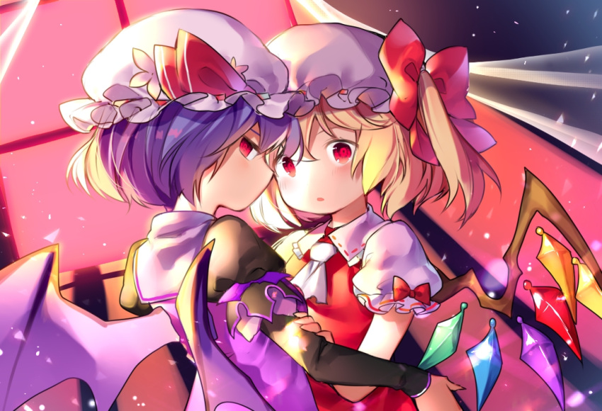 2girls ascot bat_wings blonde_hair blue_hair bow curtains flandre_scarlet gamathx hat hat_bow indoors looking_at_viewer mob_cap multiple_girls puffy_short_sleeves puffy_sleeves red_bow red_eyes remilia_scarlet short_hair short_sleeves siblings sisters touhou upper_body vest white_hat white_neckwear wind window wings