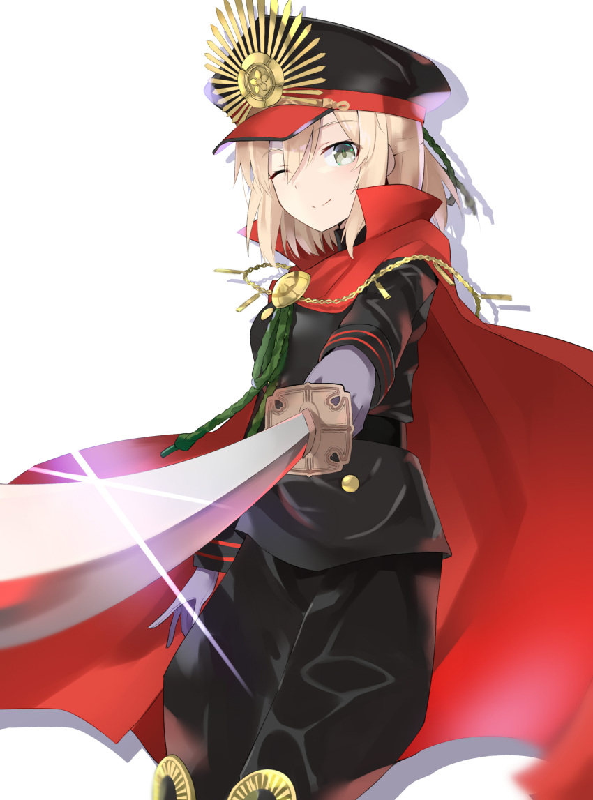 100 1girl ;) absurdres black_hat black_jacket black_pants cape cosplay eyebrows_visible_through_hair fate/grand_order fate_(series) gloves green_eyes grey_gloves hair_between_eyes hat highres holding holding_sword holding_weapon jacket katana military military_uniform oda_nobunaga_(fate) oda_nobunaga_(fate)_(cosplay) okita_souji_(fate) one_eye_closed pants red_cape simple_background smile solo sparkle standing sword uniform weapon white_background