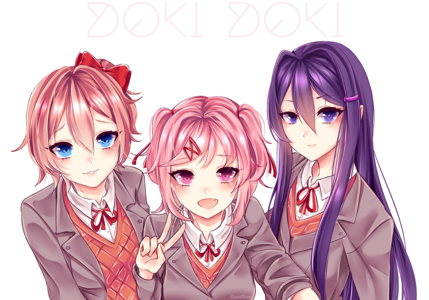 3girls :d blue_eyes bow doki_doki_literature_club fang flow_ech hair_between_eyes hair_bow hair_ornament hair_ribbon hairclip long_hair looking_at_viewer multiple_girls natsuki_(doki_doki_literature_club) open_mouth parted_lips pink_eyes pink_hair purple_hair red_bow red_ribbon ribbon sayori_(doki_doki_literature_club) school_uniform short_hair simple_background smile two_side_up v violet_eyes white_background yuri_(doki_doki_literature_club)