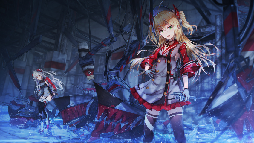 2girls admiral_hipper_(azur_lane) ahoge antenna_hair armband azur_lane bae.c bangs blonde_hair breasts cannon choker collarbone commentary cross_choker eyebrows_visible_through_hair factory floating_hair garter_straps gloves green_eyes hair_between_eyes hair_ornament hat headgear highres holding holding_weapon indoors iron_cross large_breasts long_hair looking_at_viewer machinery military military_uniform mole multicolored multicolored_clothes multicolored_hair multiple_girls open_mouth prinz_eugen_(azur_lane) redhead rigging ripples scepter sidelocks silver_hair splashing standing standing_on_liquid streaked_hair thigh-highs two_side_up uniform very_long_hair water weapon wind wind_lift