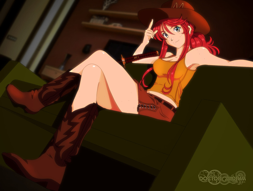 1girl blue_eyes boots breasts cleavage couch cowboy_boots cowboy_hat doctor_xadium freckles gemini_sunrise hat head_tilt highres katana large_breasts leather_skirt legs_crossed long_hair looking_at_viewer looking_down midriff redhead sakura_taisen sakura_taisen_v sitting smile solo sword tank_top weapon