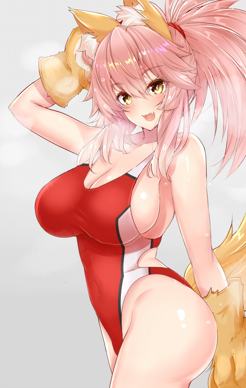 1girl animal_ears breasts breath cleavage competition_swimsuit covered_navel cowboy_shot fangs fate/extra fate/grand_order fate_(series) fox_ears fox_tail gloves grey_background highres large_breasts looking_at_viewer one-piece_swimsuit open_mouth paw_gloves paws pink_hair red_swimsuit sankakusui simple_background smile solo swimsuit tail tamamo_(fate)_(all) tamamo_cat_(fate)