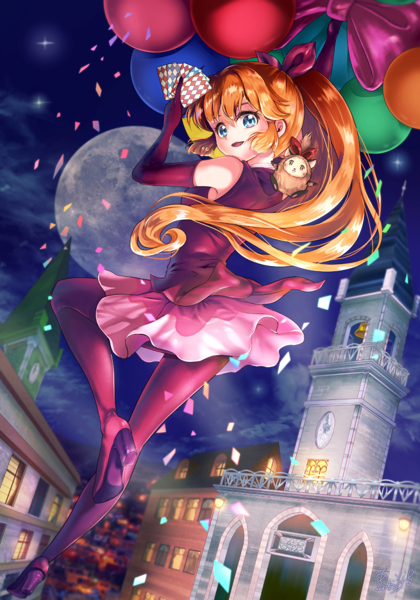 1girl balloon belltower blonde_hair blue_eyes card confetti dress dutch_angle haneoka_meimi highres kaitou_saint_tail long_hair looking_at_viewer magical_girl midair moon night night_sky pink_dress pink_legwear pink_skirt playing_card ponytail saint_tail skirt sky very_long_hair