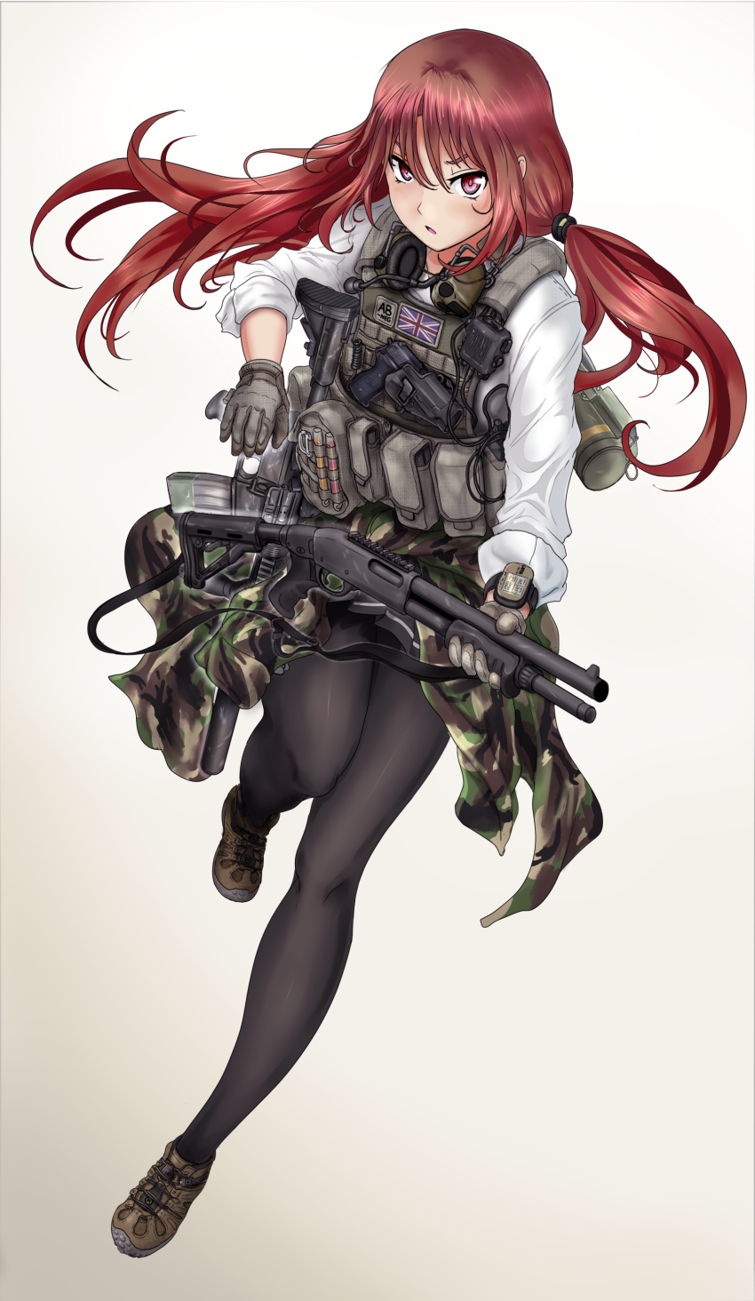 1girl absurdres assault_rifle camouflage commentary gloves gun handgun headphones headphones_around_neck headset highres holding holding_gun holding_weapon load_bearing_vest long_hair m4_carbine maroon_eyes original pantyhose pistol redhead remington_870 rifle running shotgun simple_background solo specterz suppressor union_jack watch watch weapon