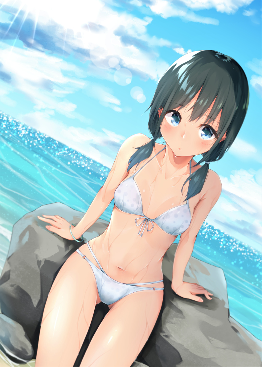1girl absurdres arm_support bikini bikini_tan black_hair blue_eyes blue_sky blush breasts clouds collarbone cowboy_shot day dripping dutch_angle front-tie_bikini front-tie_top gluteal_fold hair_over_shoulder highres hijouguti lens_flare looking_at_viewer o-ring o-ring_bikini o-ring_bottom ocean original outdoors parted_lips polka_dot polka_dot_bikini rock sidelocks sitting sky small_breasts solo sunlight swimsuit tan tanline twintails wet wet_hair