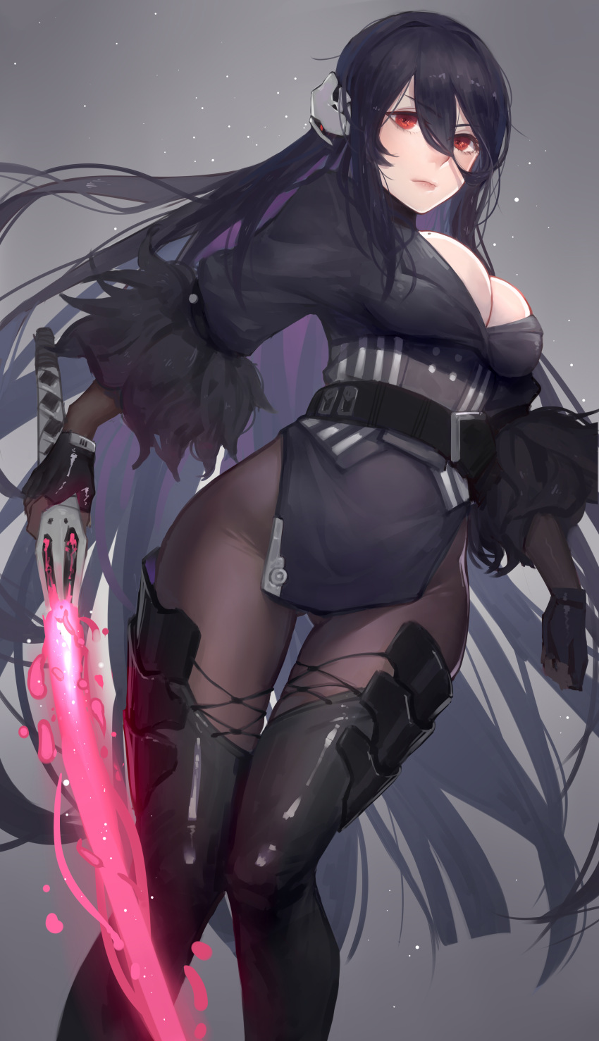 1girl absurdres bangs black_dress black_gloves black_hair black_legwear bodystocking breasts cleavage closed_mouth commentary_request dress energy_sword eyebrows_visible_through_hair fingerless_gloves fukaiji gloves groin hair_between_eyes highres holding holding_sword holding_weapon jidong_zhandui large_breasts long_hair looking_at_viewer mole mole_on_breast oboro_(jidong_zhandui) red_eyes short_dress solo sword thigh-highs v-shaped_eyebrows very_long_hair weapon