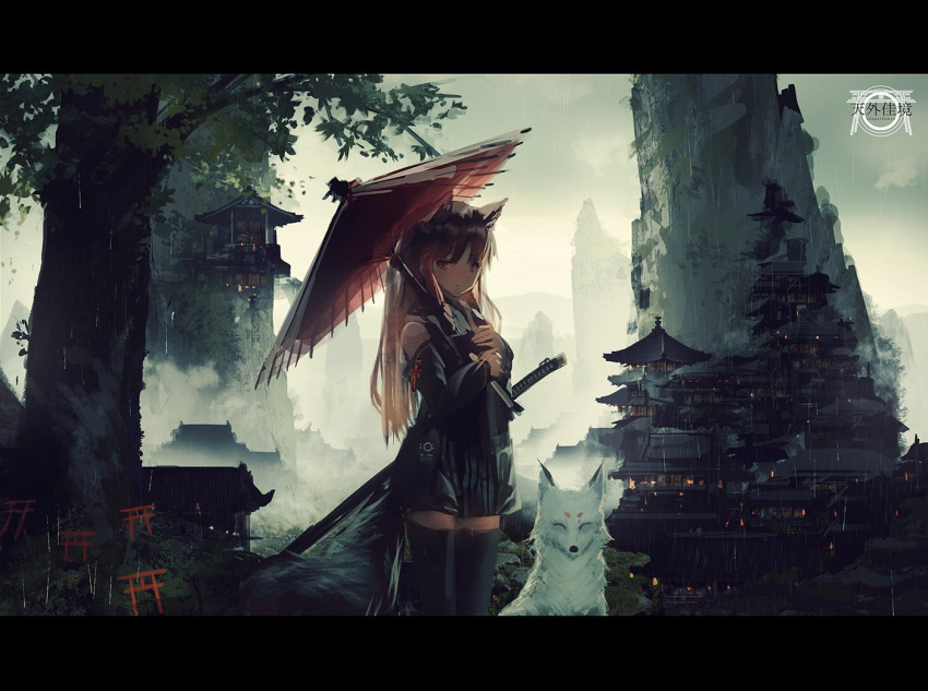 1girl animal_ears bare_shoulders black_legwear black_skirt brown_hair closed_mouth commentary_request detached_sleeves fox fox_ears fox_tail holding holding_umbrella inabi katana letterboxed long_hair long_sleeves looking_at_viewer oriental_umbrella original outdoors pleated_skirt rain red_eyes scabbard sheath shrine skirt solo standing sword tail thigh-highs torii tree umbrella weapon