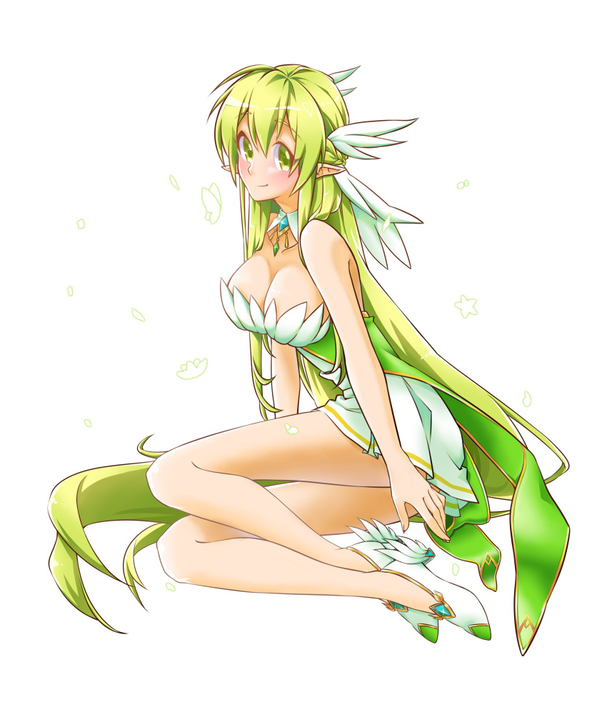 1girl absurdres bare_shoulders blush breasts cleavage detached_collar dress elf elsword green_eyes green_hair hair_ornament highres ip large_breasts long_hair looking_at_viewer pointy_ears rena_(elsword) solo very_long_hair