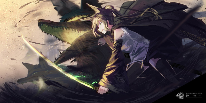 :d animal_ears bangs black_legwear black_skirt blue_eyes detached_sleeves fox fox_ears fox_tail glowing glowing_weapon green_hair grey_shirt highres holding holding_sword holding_weapon inabi katana long_hair long_sleeves open_mouth original ponytail scabbard sheath shirt sideways_mouth skirt sleeveless smile sword tail thigh-highs weapon