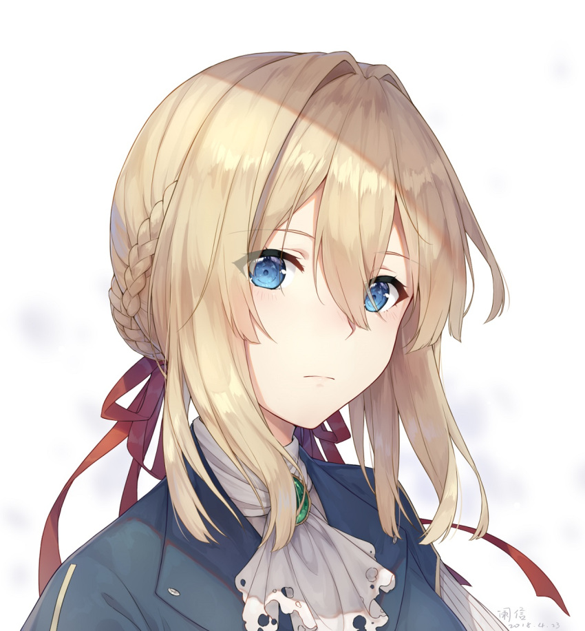 1girl ayuanlv bangs blonde_hair blue_eyes blue_jacket braid braided_bun brooch close-up dress face hair_between_eyes hair_intakes hair_ribbon highres jacket jewelry long_sleeves looking_at_viewer red_ribbon ribbon solo violet_evergarden violet_evergarden_(character)