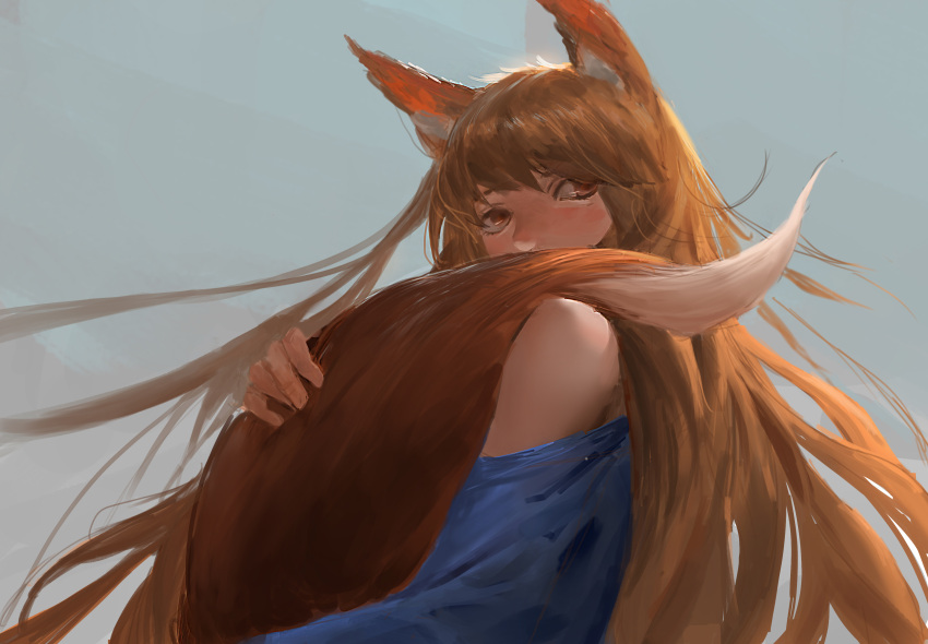 1girl absurdres animal_ears bangs bare_shoulders blue_shirt brown_hair highres holding_tail holo lanlan long_hair red_eyes shirt sketch solo spice_and_wolf tail wolf_ears wolf_tail