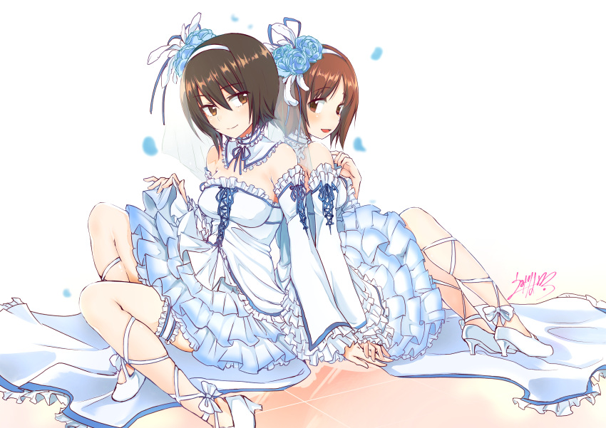 2girls absurdres alternate_costume back-to-back bangs brown_eyes brown_hair collar detached_collar detached_sleeves dress emirio_(user_wmup5874) flower frilled_collar frilled_dress frilled_skirt frilled_sleeves frills girls_und_panzer hair_flower hair_ornament hairband hands_together high_heels highres leg_garter leg_ribbon lolita_fashion multiple_girls nishizumi_maho nishizumi_miho ribbon short_hair siblings simple_background sisters sitting skirt white_dress white_footwear white_hairband