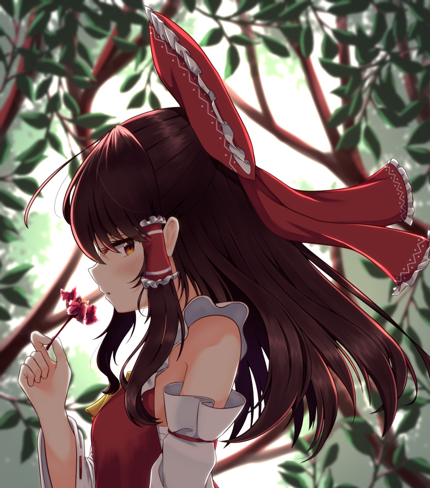 1girl bow brown_hair day detached_sleeves floating_hair flower from_side hair_bow hair_tubes hakurei_reimu hand_up highres holding holding_flower long_hair looking_at_viewer outdoors profile rankasei red_bow red_eyes red_flower ribbon-trimmed_sleeves ribbon_trim sarashi side_glance sidelocks solo touhou upper_body vest