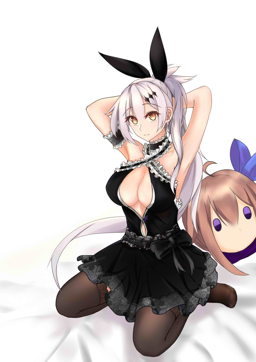 1girl absurdres ahoge alternate_costume arm_garter armpits arms_behind_head bangs bare_shoulders bed_sheet black_dress black_garter black_legwear blonde_hair blue_eyes blush bow breasts brown_eyes choker cleavage collarbone crescent crescent_earrings dress earrings eyebrows_visible_through_hair fal_(girls_frontline) five-seven_(girls_frontline) frilled_choker frilled_dress frills girls_frontline hair_between_eyes hair_ornament hair_ribbon highres hiroshi jewelry lace-trimmed_legwear large_breasts long_hair looking_at_viewer no_bra parted_lips ponytail ribbon sidelocks silver_hair simple_background sitting smile solo stuffed_toy thigh-highs very_long_hair white_background yokozuwari