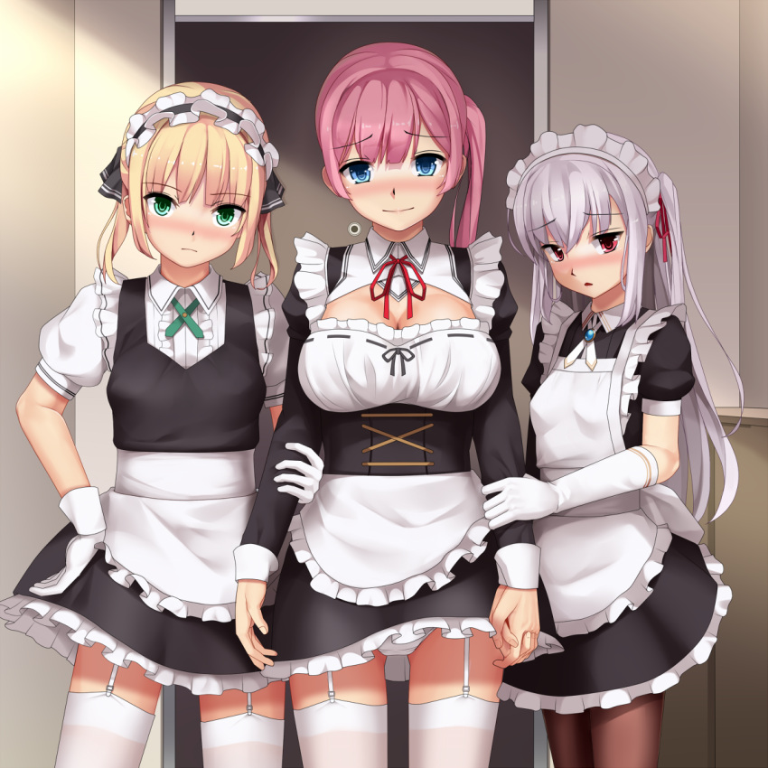 3girls apron black_legwear blonde_hair blue_eyes blush breasts cleavage cleavage_cutout closed_mouth cowboy_shot door eto eyebrows_visible_through_hair frills garter_straps gloves green_eyes hair_ribbon hand_holding highres holding_another's_arm large_breasts long_hair looking_at_viewer maid maid_apron maid_headdress multiple_girls neck_ribbon original pantyhose pink_hair puffy_short_sleeves puffy_sleeves red_eyes ribbon short_hair short_sleeves siblings side_ponytail silver_hair sisters smile standing thigh-highs twintails white_legwear