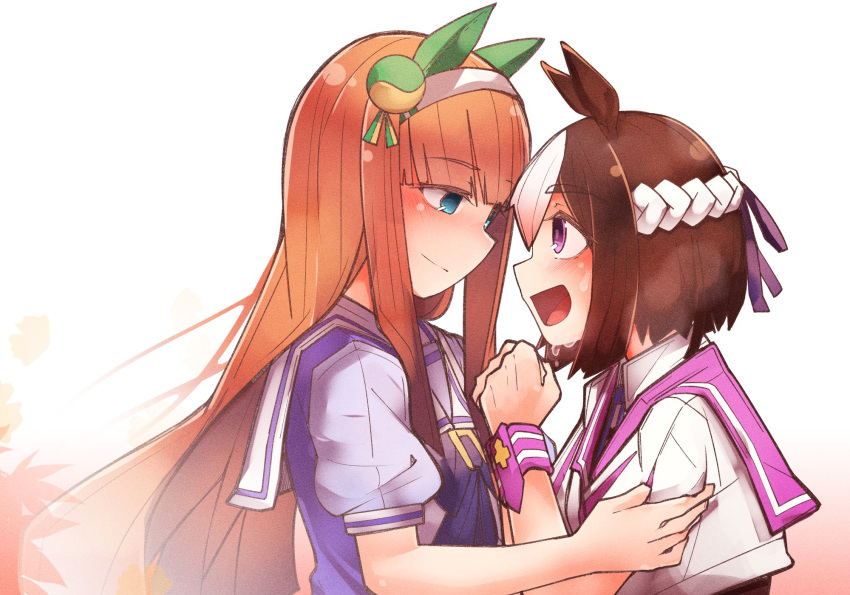 2girls animal_ears bangs blue_eyes blunt_bangs brown_hair dress ear_covers eyebrows_visible_through_hair hairband highres horse_ears long_hair multicolored_hair multiple_girls open_mouth orange_hair school_uniform short_hair silence_suzuka special_week tsuzuri_(tu-san_house) two-tone_hair umamusume violet_eyes