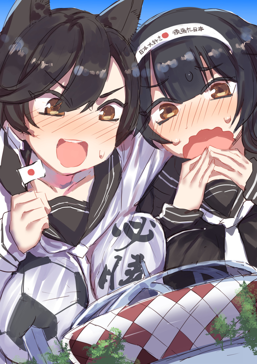 2girls absurdres animal_ears black_hair blush breast_squeeze breasts brown_eyes cat_ears headband highres japanese_flag multiple_girls open_mouth scared school_uniform stadium tree
