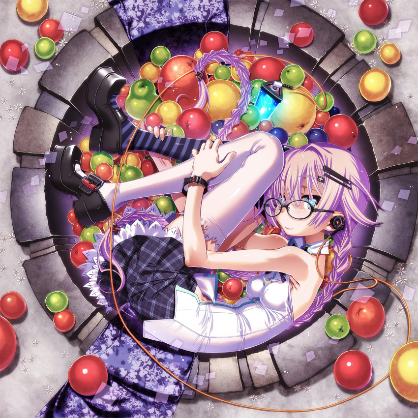 1girl blue_eyes bracelet braid breasts cable digital_media_player earphones food freckles fruit glasses hair_ornament hairclip highres jewelry long_hair looking_at_viewer mary_janes mismatched_legwear navel original purple_hair sakuya_tsuitachi shoes skirt sleeveless small_breasts smile solo thigh-highs twin_braids twintails