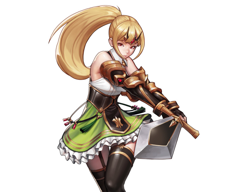 1girl bangs bare_shoulders black_gloves black_hair blonde_hair brown_eyes bustier closed_mouth commentary cowboy_shot elbow_gloves english_commentary fingerless_gloves foreshortening garter_straps gauntlets gloves green_skin highres holding holding_sword holding_weapon jungon_kim long_hair original ponytail simple_background solo standing sword thigh-highs tiara two-handed weapon white_background
