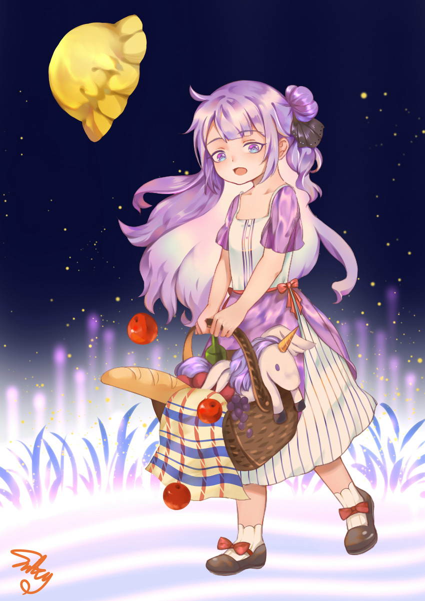 1girl :d absurdres alternate_costume apple azur_lane bottle bread carrying casual commentary_request contemporary food fruit full_body hair_bun hair_ribbon hat hat_removed headwear_removed highres long_hair looking_at_viewer mary_janes one_side_up open_mouth picnic_basket purple_hair ribbon shizi_suky shoes side_bun smile socks solo stuffed_animal stuffed_pegasus stuffed_toy stuffed_unicorn unicorn_(azur_lane) violet_eyes walking white_legwear wind