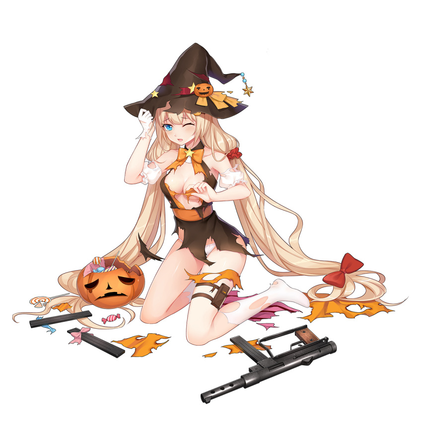 1girl blonde_hair blue_eyes bow bowtie breasts candy convenient_censoring dress eyebrows_visible_through_hair food full_body girls_frontline gun gun_request hair_bow highres jack-o'-lantern kneeling leg_belt long_hair looking_at_viewer m45 m45_(girls_frontline) magazine medium_breasts no_bra official_art one_eye_closed orange_neckwear panties red_bow simple_background socks solo tamaxi torn_clothes underwear very_long_hair weapon white_background white_legwear white_panties