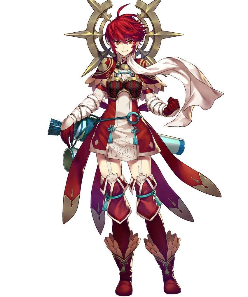 1girl armor bangs breastplate capelet clenched_hand cozy dress elbow_gloves fire_emblem fire_emblem_heroes fire_emblem_if full_body garter_straps gloves highres hinoka_(fire_emblem_if) japanese_clothes looking_at_viewer official_art quiver red_eyes redhead scarf short_hair smile solo standing thigh-highs transparent_background
