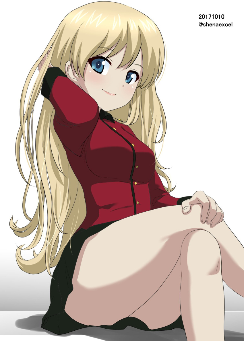 1girl alternate_hairstyle arm_behind_head bangs black_skirt blonde_hair blue_eyes closed_mouth commentary darjeeling dated epaulettes excel_(shena) eyebrows_visible_through_hair girls_und_panzer hair_down hand_in_hair hand_on_own_knee highres jacket legs legs_crossed long_hair long_sleeves looking_at_viewer military military_uniform miniskirt pleated_skirt red_jacket shadow sitting skirt smile solo st._gloriana's_military_uniform twitter_username uniform white_background