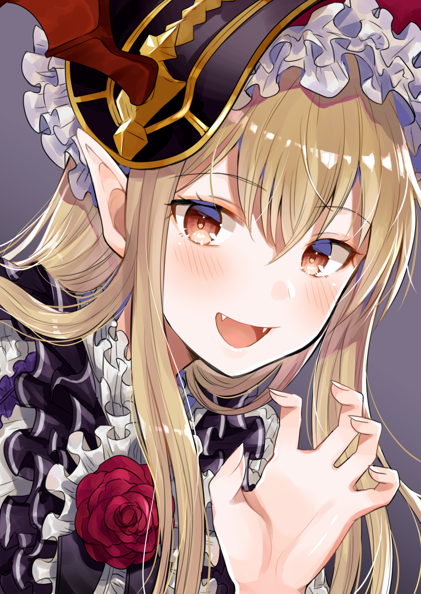 1girl absurdres bangs black_dress brown_eyes brown_hair dress eyebrows_visible_through_hair fangs frills gao granblue_fantasy grey_background hair_between_eyes hairband hand_up highres huge_filesize looking_at_viewer myusha open_mouth shingeki_no_bahamut sidelocks simple_background smile solo upper_body vampy