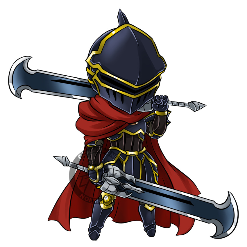 1boy ainz_ooal_gown armor armored_boots blackgeneride boots cape chibi dual_wielding full_armor full_body gauntlets helmet highres holding holding_sword holding_weapon overlord_(maruyama) red_cape solo sword watermark weapon