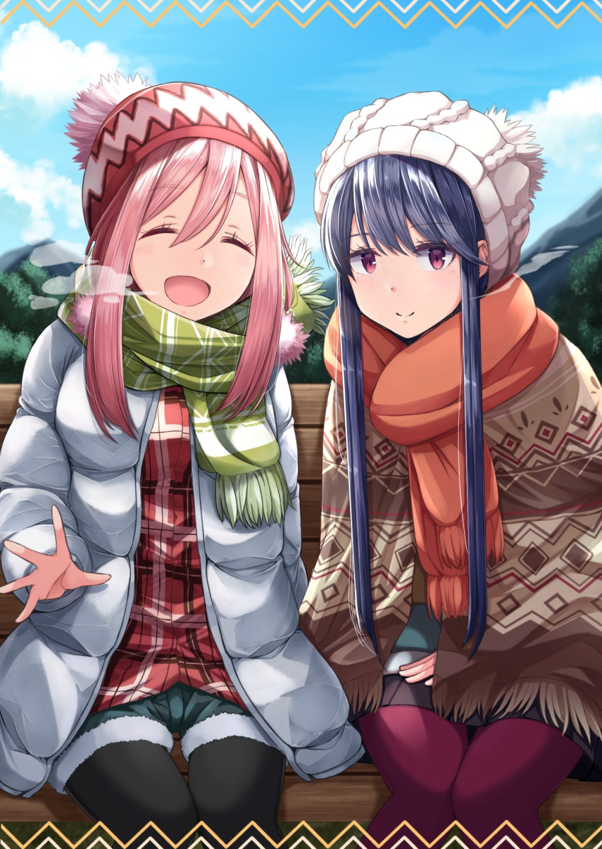 2girls :d ^_^ beanie bench black_legwear blush border breath closed_eyes closed_mouth clouds coat day denim denim_shorts eyebrows_visible_through_hair green_scarf grey_coat hair_between_eyes hat head_tilt highres kagamihara_nadeshiko long_hair looking_at_viewer migimaki_(migi_mawashi) multiple_girls open_clothes open_coat open_mouth orange_scarf outdoors pantyhose pink_eyes pink_hair pink_legwear plaid plaid_shirt red_shirt scarf shawl shima_rin shirt shorts sitting sky smile tree very_long_hair yurucamp