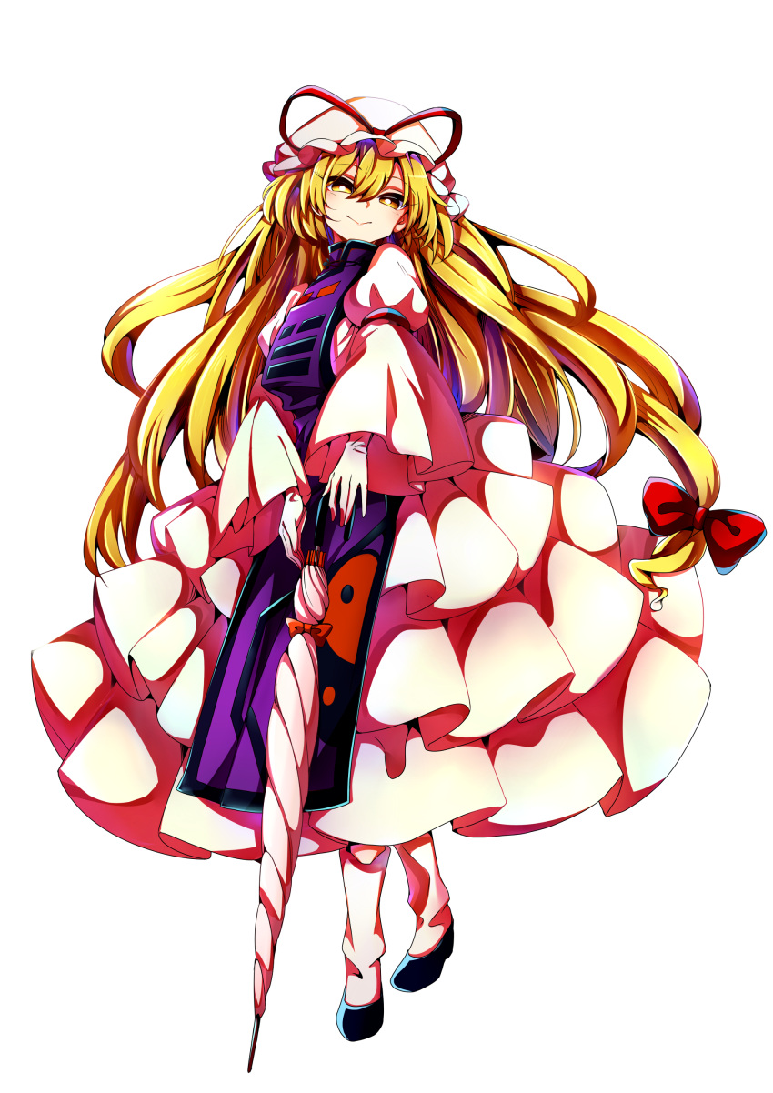 1girl absurdres baba_(baba_seimaijo) blonde_hair bow dress frilled_dress frills full_body gloves hair_bow hat highres looking_at_viewer mob_cap parasol puffy_sleeves red_ribbon ribbon socks solo tabard touhou transparent_background umbrella white_dress white_legwear wide_sleeves yakumo_yukari yellow_eyes