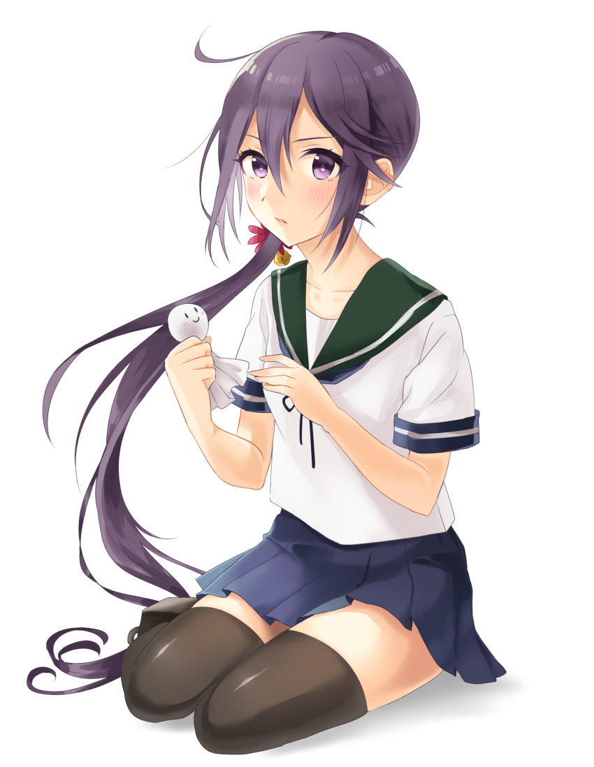 1girl akebono_(kantai_collection) bell black_legwear black_neckwear black_ribbon black_skirt blush closed_mouth commentary_request green_sailor_collar hair_bell hair_between_eyes hair_ornament hands_up highres holding hushimi-nanodesu jingle_bell kantai_collection long_hair looking_at_viewer neck_ribbon pleated_skirt ponytail purple_hair ribbon sailor_collar shirt short_sleeves simple_background sitting skirt solo teruterubouzu very_long_hair violet_eyes white_background white_shirt yokozuwari