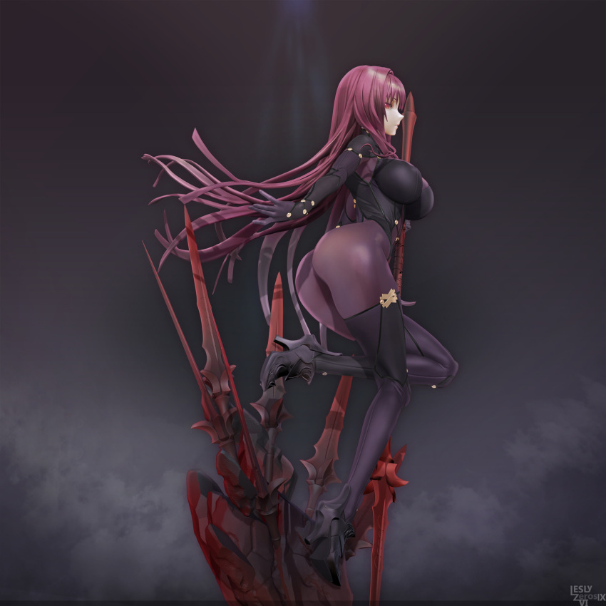 1girl armored_boots ass bodysuit boots breasts erect_nipples fate/grand_order fate_(series) gae_bolg high_heels highres large_breasts leslyzerosix long_hair purple_hair red_eyes scathach_(fate/grand_order) solo