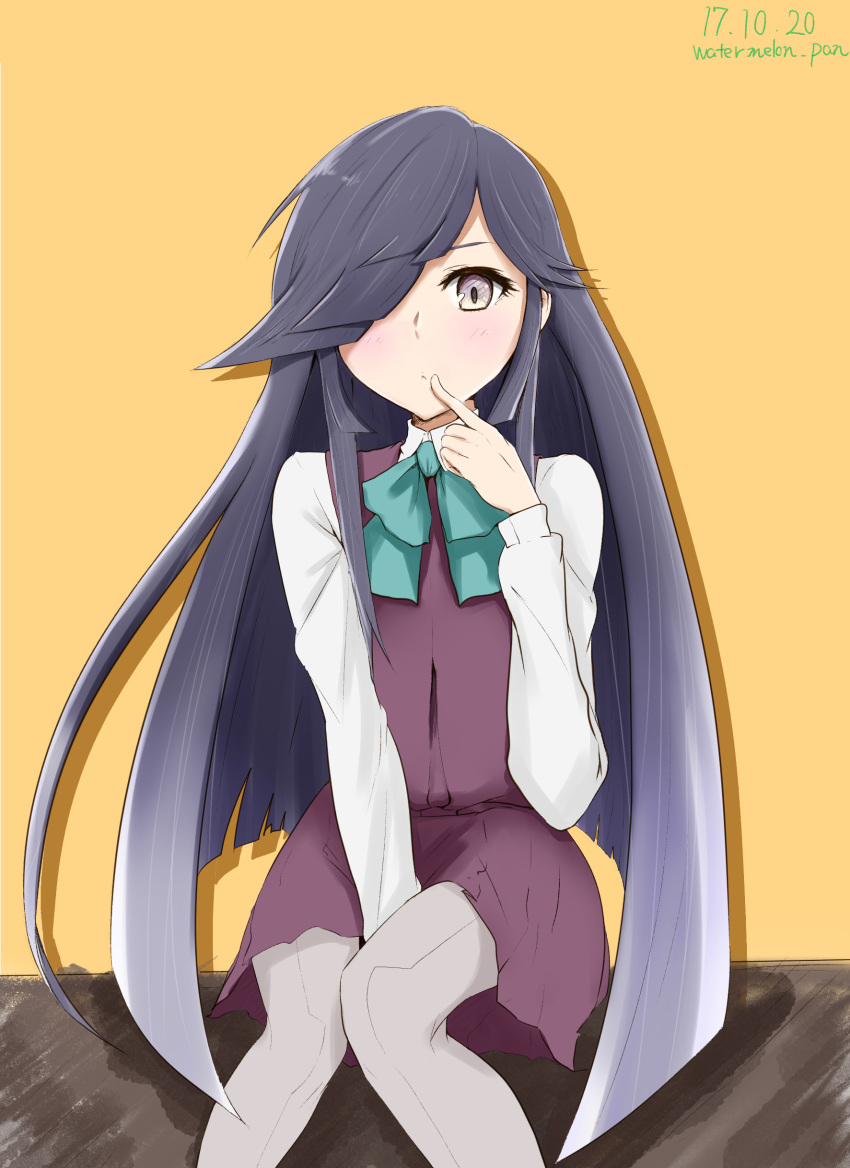 1girl absurdres aqua_bow aqua_neckwear arm_between_legs artist_name blush bow bowtie dated dress finger_to_mouth hair_over_one_eye hayashimo_(kantai_collection) highres kantai_collection knees_together long_hair looking_at_viewer pantyhose purple_dress shirt simple_background sitting solo very_long_hair watermelon_pan white_legwear white_shirt yellow_background