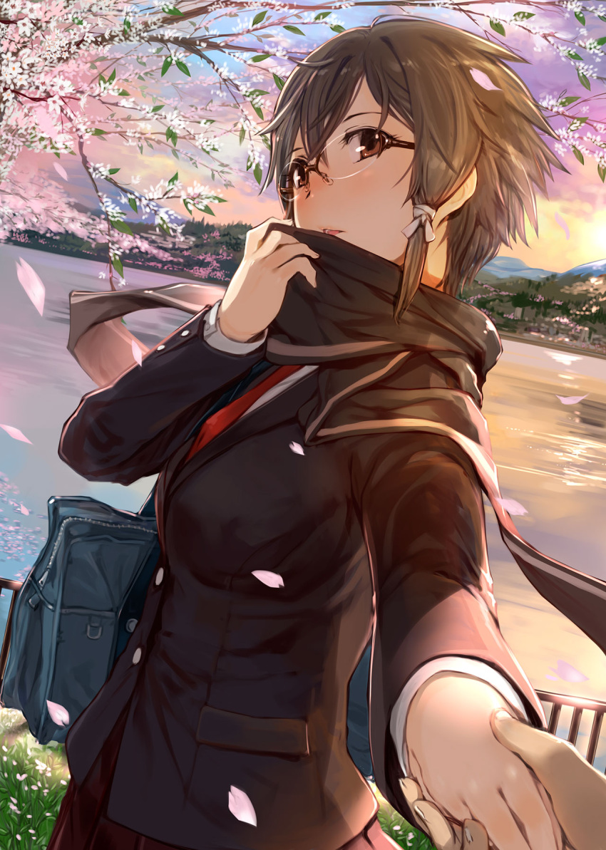 1girl asada_shino bag black_hair black_shirt blush brown_eyes cherry_blossoms commentary_request dutch_angle evening glass glasses hair_between_eyes hair_ornament hair_ribbon hand_holding highres long_sleeves looking_at_viewer mikazuki_akira! open_mouth outdoors petals pov pov_hands ribbon rimless_eyewear scarf school_uniform shirt short_hair skirt smile solo sword_art_online tree tress_ribbon uniform water