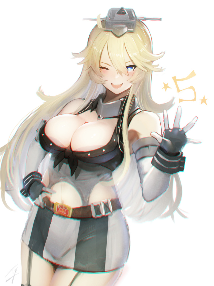 1girl 5 armpits bangs belt blonde_hair blue_eyes blush breasts buckle cleavage cowboy_shot elbow_gloves eyebrows_visible_through_hair fingerless_gloves floating_hair front-tie_top garter_straps gloves hair_between_eyes hand_on_hip hand_up hayabusa headgear highres iowa_(kantai_collection) jacket kantai_collection large_breasts long_hair looking_at_viewer messy_hair miniskirt number one_eye_closed open_mouth sidelocks signature simple_background skirt sleeveless_jacket smile solo star star-shaped_pupils symbol-shaped_pupils thighs white_background