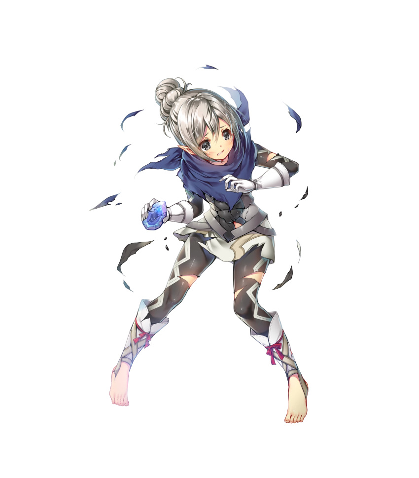 1girl artist_request clenched_teeth crystal fire_emblem fire_emblem_heroes fire_emblem_if full_body gloves hair_bun highres kanna_(fire_emblem_if) looking_to_the_side official_art pointy_ears scarf silver_hair solo teeth toeless_legwear toes torn_clothes