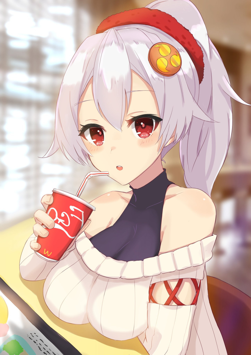1girl alternate_costume bare_shoulders breasts cup disposable_cup drinking fate/grand_order fate_(series) highres holding holding_cup looking_at_viewer minami_osu open_mouth ponytail red_eyes scrunchie sitting sitting_on_table solo sweater tomoe_gozen_(fate/grand_order)