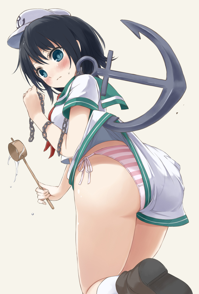 1girl absurdres anchor anchor_symbol ass beige_background black_hair blue_eyes blush breasts brown_footwear chains commentary_request from_behind hand_up hat highres holding ladle looking_at_viewer looking_back medium_breasts murasa_minamitsu neckerchief panties pink_panties red_neckwear sailor_collar sailor_hat shoe_soles shoes short_sleeves shorts shorts_lift side-tie_panties simple_background socks solo striped striped_panties sweatdrop techi_(techi35499) touhou underwear water white_hat white_legwear white_shorts