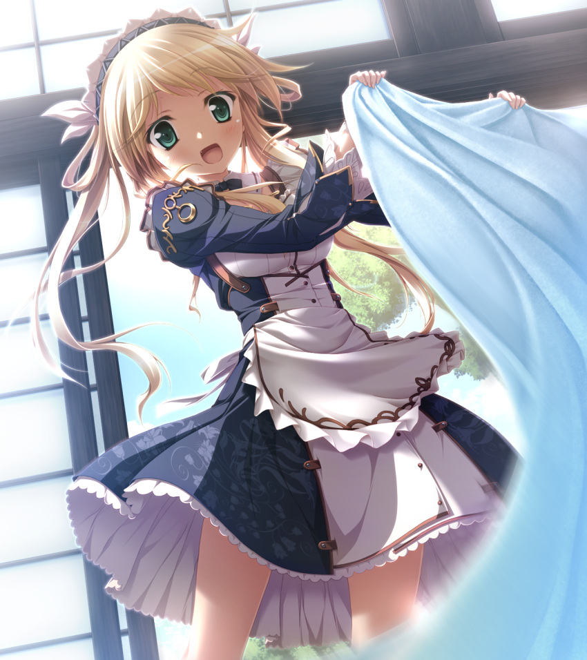 1girl :d apron blonde_hair blush breasts chrono_clock dorothy_davenport eyebrows_visible_through_hair floating_hair frilled_apron frills game_cg green_eyes highres holding indoors koku long_hair maid maid_headdress medium_breasts official_art open_door open_mouth smile solo standing tsukimori_hiro twintails white_apron