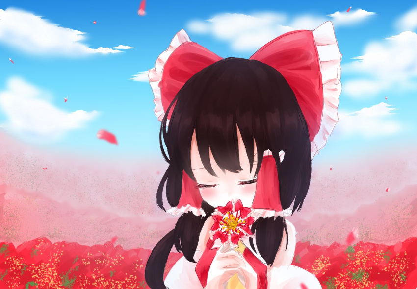 1girl ascot bare_shoulders black_hair blurry blush bow closed_eyes clouds cloudy_sky commentary depth_of_field detached_sleeves flower hair_bow hair_tubes hakurei_reimu large_bow long_hair namesake petals reimu_(flower) reimu_mikoro sky smelling_flower solo tears touhou yellow_neckwear