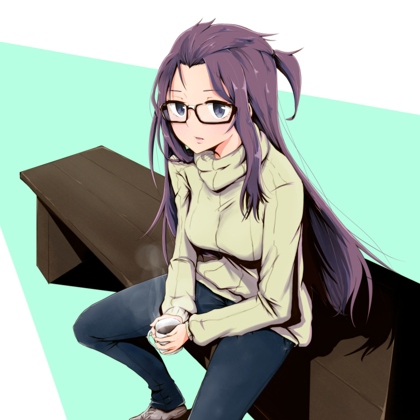 1girl bench black-framed_eyewear blue_eyes blue_pants blush breasts brown_footwear coffee coffee_mug commentary_request cup denim glasses green_sweater highres holding holding_cup holding_mug jeans kagamihara_sakura lips long_hair looking_at_viewer medium_breasts mug one_side_up pants parted_lips pink_lips purple_hair ribbed_sweater shoes sitting sneakers solo steam sweater turtleneck turtleneck_sweater very_long_hair watermelon_pan yurucamp