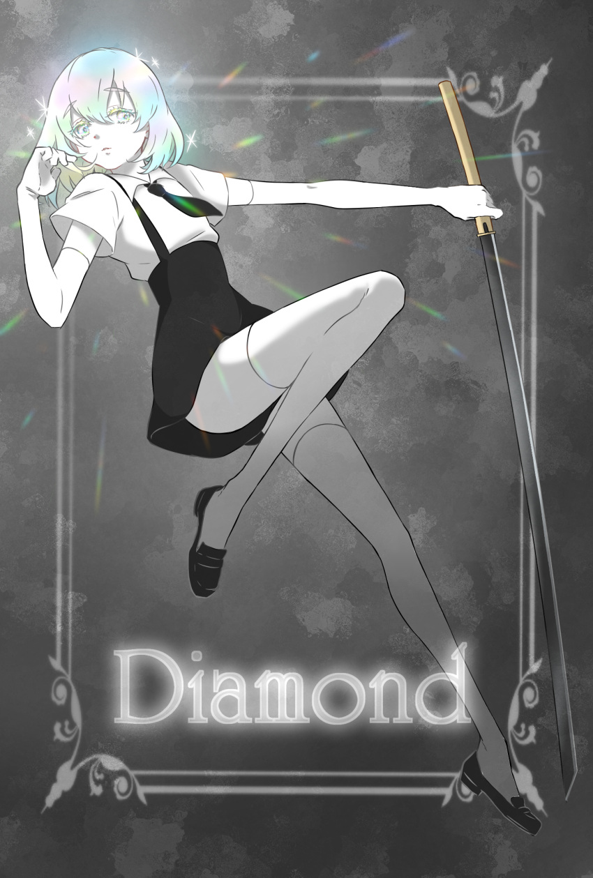 1other androgynous character_name colored_eyelashes diamond_(houseki_no_kuni) elbow_gloves gem_uniform_(houseki_no_kuni) gloves glowing glowing_hair highres houseki_no_kuni looking_at_viewer multicolored multicolored_eyes multicolored_hair necktie rainbow_eyes rainbow_hair short_hair solo sparkle suspenders sword thigh-highs weapon