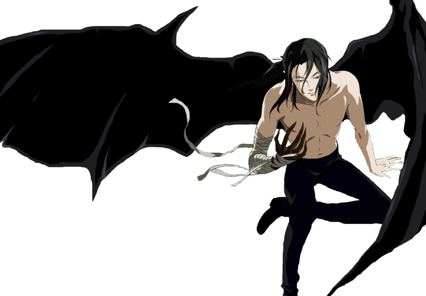 bandage bandages bat_wings black_hair blood+ extraction haji highres male official_art ponytail shirtless simple_background solo topless wings