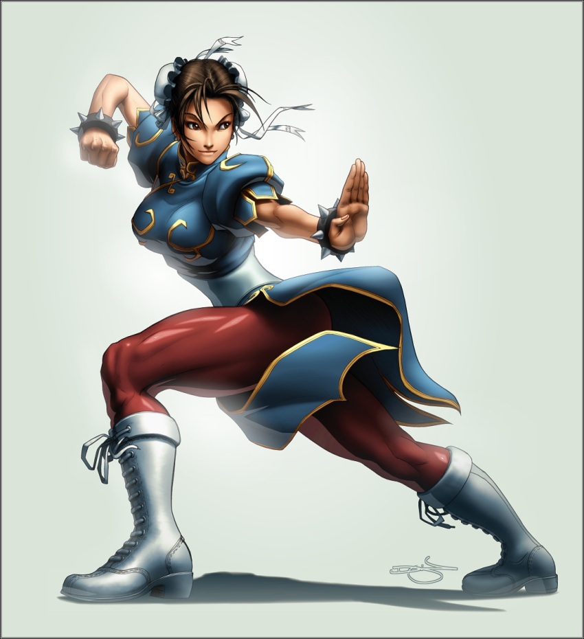 bracelet breasts brown_eyes brown_hair brown_pantyhose bun_cover capcom china_dress chinadress chinese_clothes chun-li double_bun double_buns fighting_stance highres jewelry large_breasts muscle omar_dogan pantyhose short_hair signature smirk spiked_bracelet spikes street_fighter thick_thighs thighs