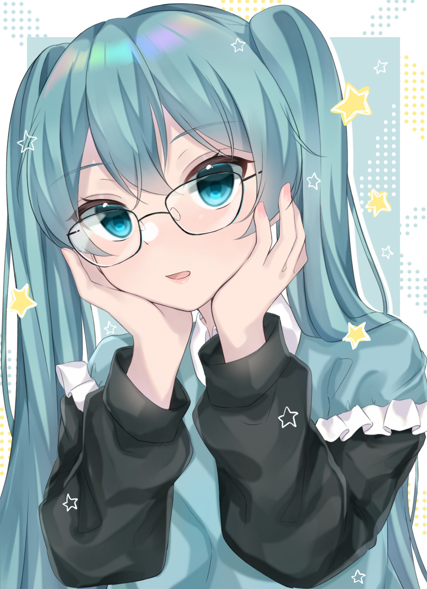 1girl absurdres alternate_costume bespectacled black-framed_eyewear black_sleeves blue_eyes blue_hair blue_shirt collar collared_shirt commentary_request cropped_torso eyebrows_visible_through_hair glasses hands_on_own_cheeks hands_on_own_face hatsune_miku highres long_hair long_sleeves looking_at_viewer open_mouth shiny shiny_hair shirt simple_background sk_duki solo star_(symbol) twintails upper_body vocaloid white_collar