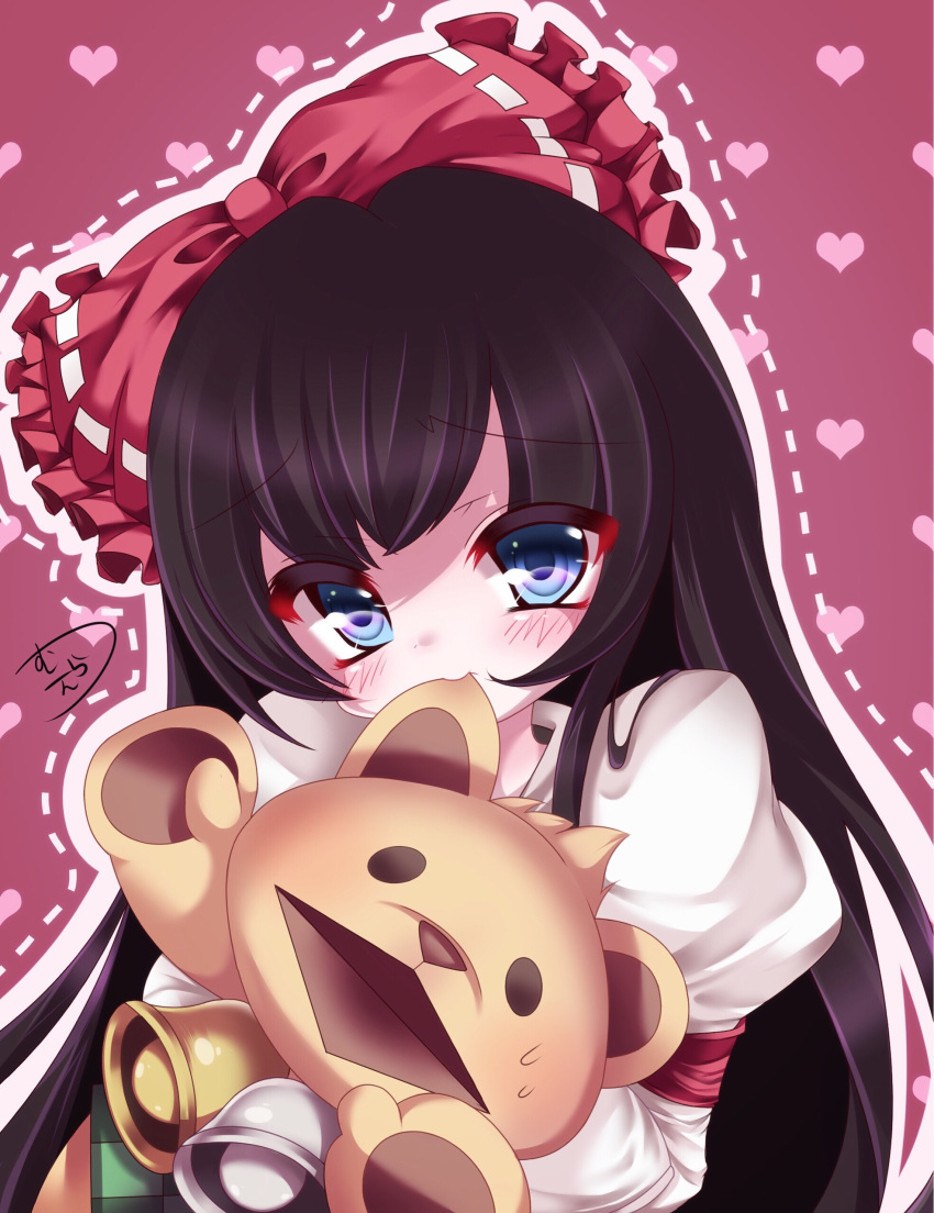 1girl absurdres bangs bell biting black_hair blue_eyes blush bow character_request checkered commentary_request dotted_line dress ear_biting eyebrows_visible_through_hair frilled_bow frills hair_bow heart highres juliet_sleeves long_sleeves looking_at_viewer muuran outline puffy_sleeves purple_background red_bow ribbon-trimmed_bow ribbon_trim shironeko_project sidelocks signature solo striped stuffed_animal stuffed_toy sweat teddy_bear vertical_stripes white_dress